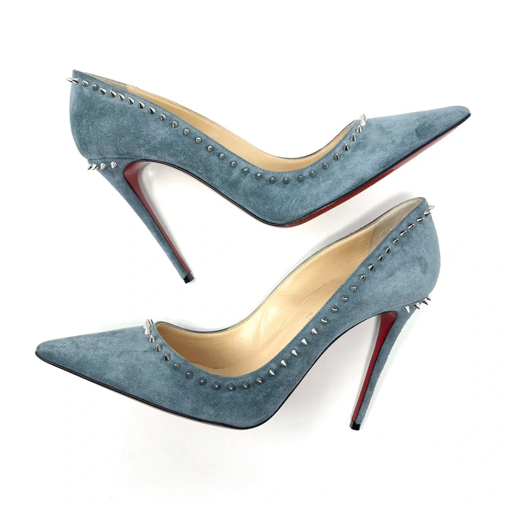 Christian Louboutin Blue Suede Anjalina Spike Studded High Heels Pumps 39.5 9.5